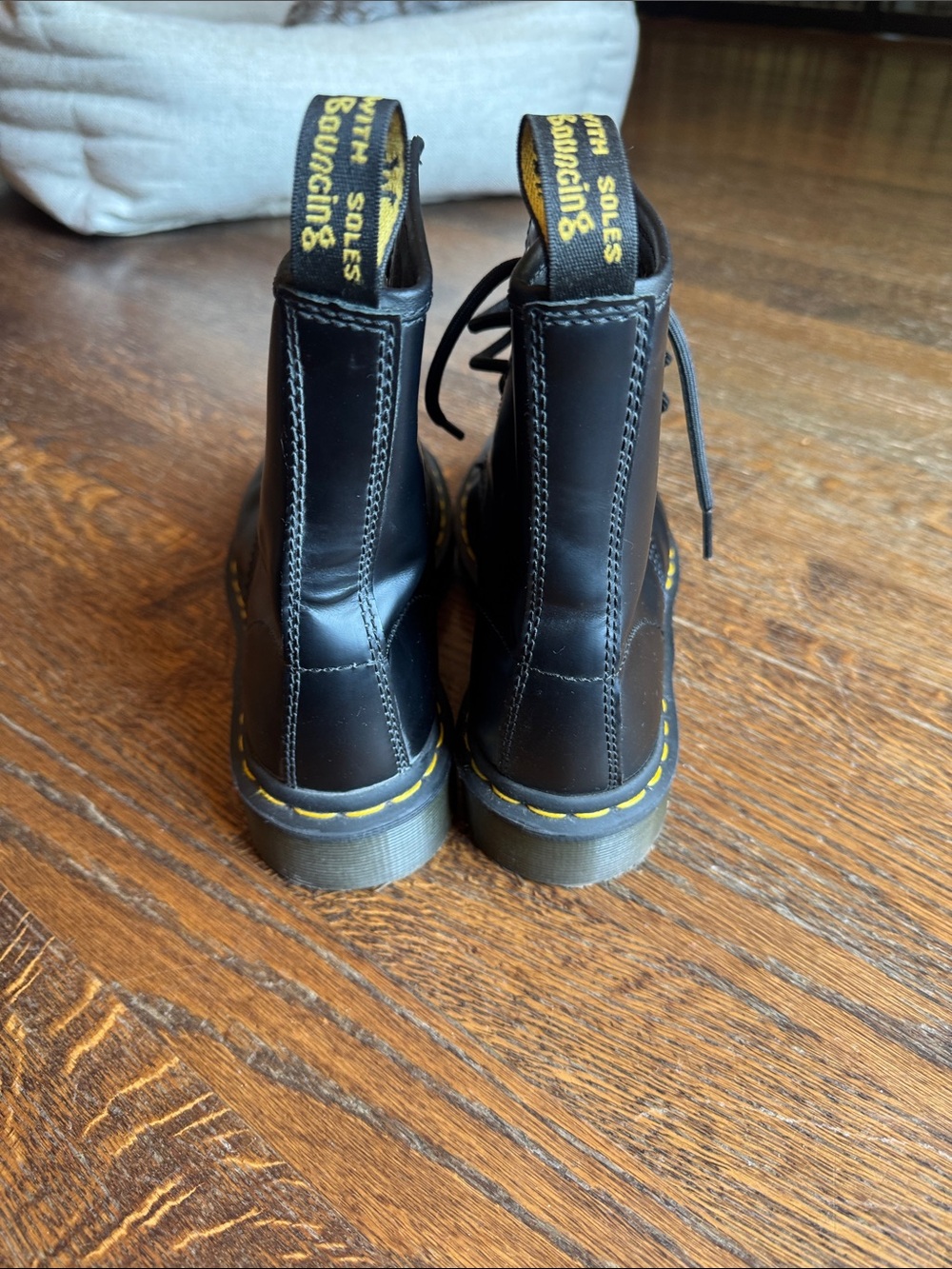 Dr. Martens (never worn) Black Leather 8-Eye Boots with Yellow Stitching - Picture 3 of 8